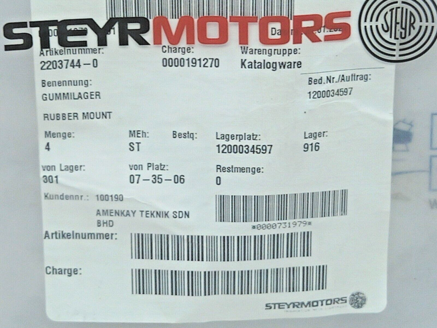Steyr Motors 2203744-0 Rubber Mount 5PCs In Lot