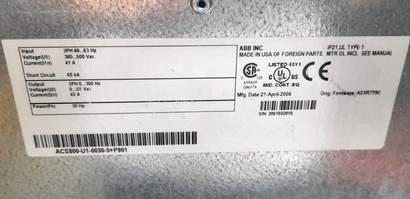 ABB ACS800-U1-0030-5+P901 VFD AC Drive 30 HP