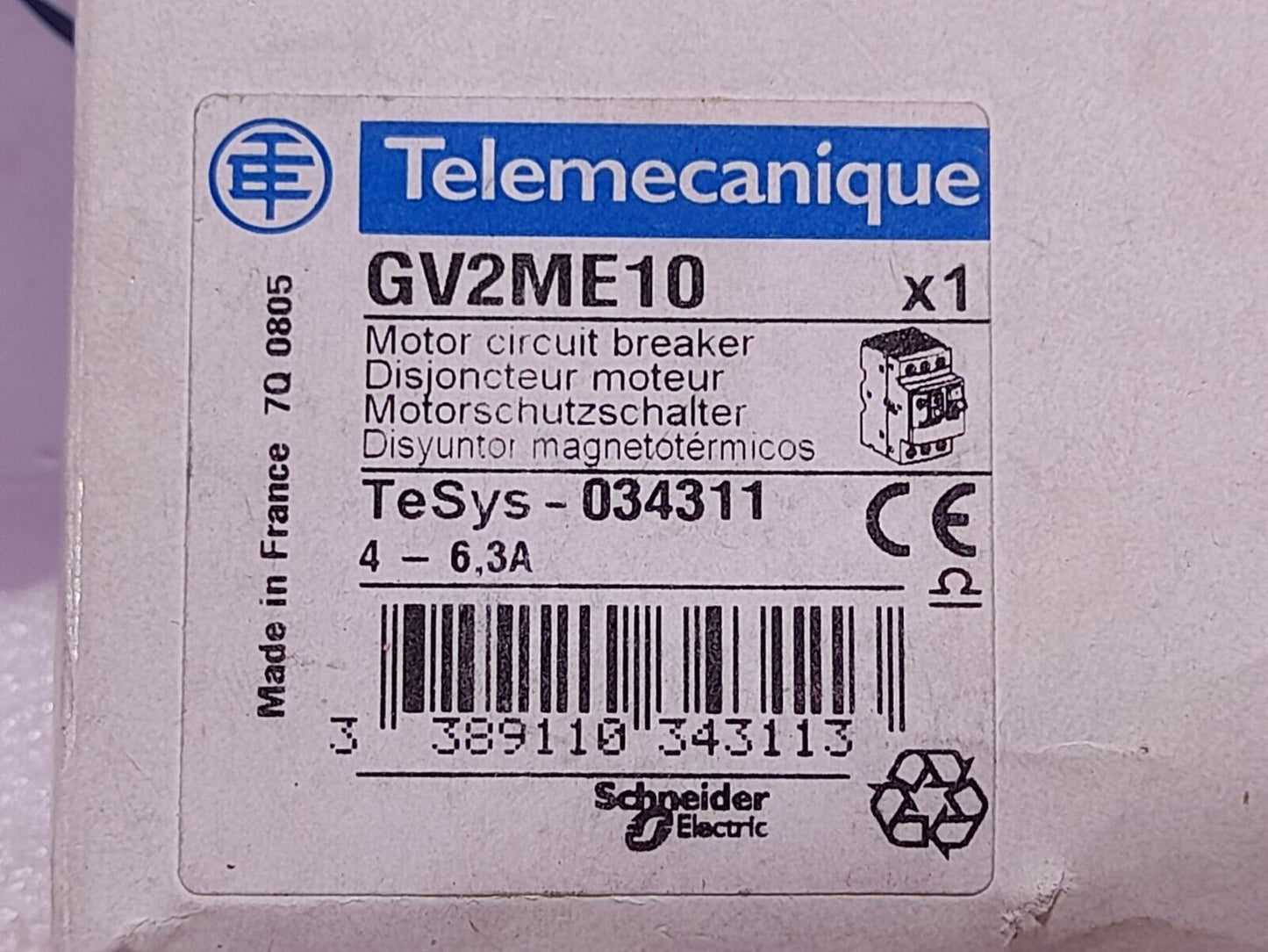 Telemecanique GV2ME10 Motor Circuit Breaker 4-6.3A