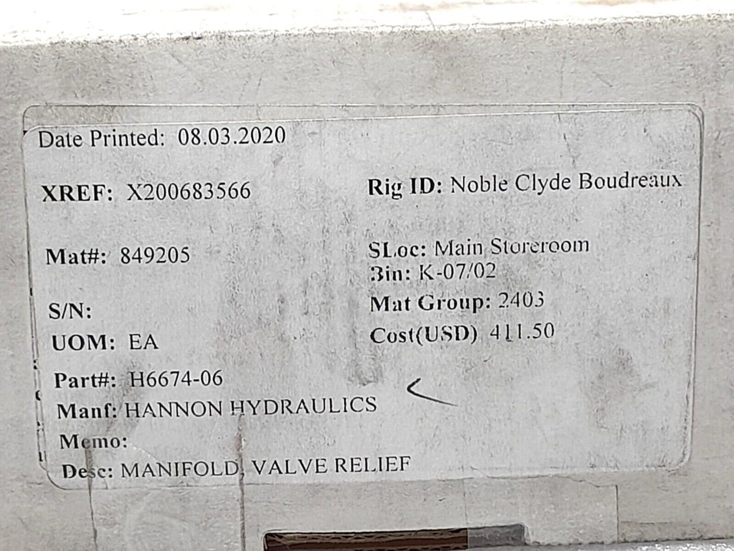 Sun Hydraulics CEL/S Relief Valve Manifold Hannon H6674-06