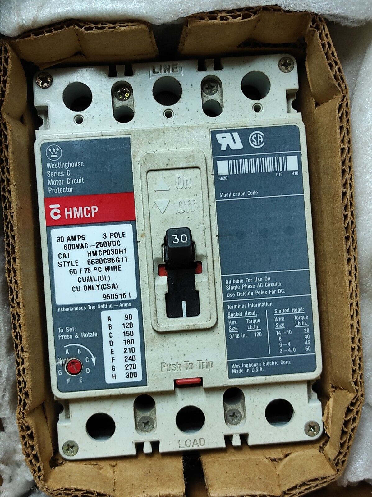 Westinghouse HMCP030H1 Ingersoll Rand 39124235 Circuit Breaker 30Amps 3Pole 600V