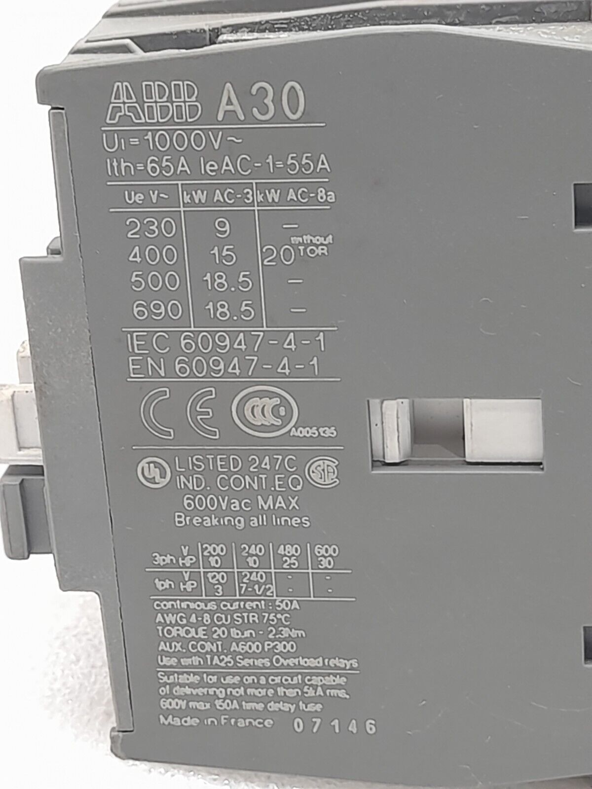 ABB A30-30-10 Contactor R81 Coil 24V 50-60Hz A30 U1 1000V~ Ith 65A
