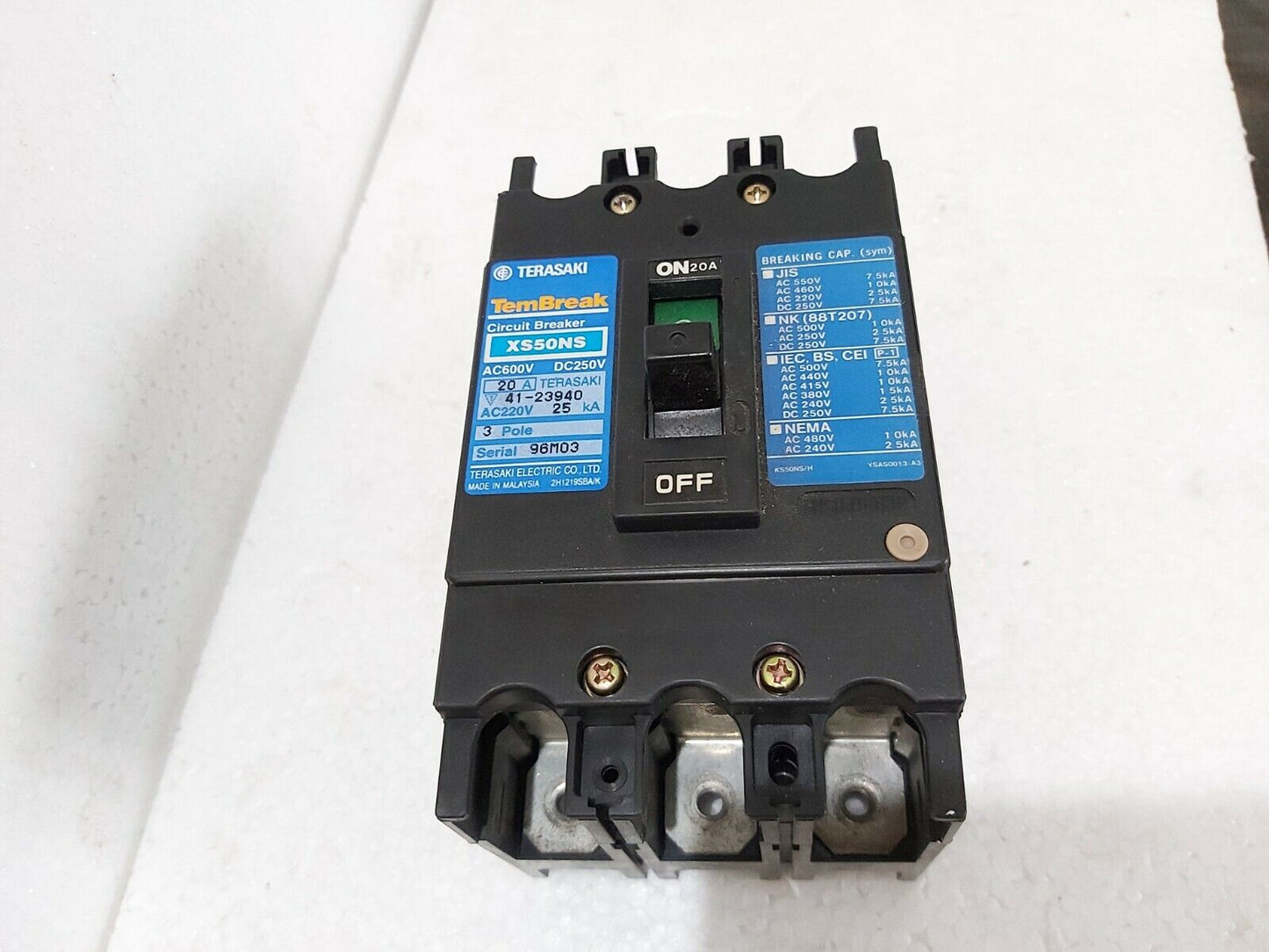 TEMBREAK XS50NS 20AMP 3-POLE AC600V DC250V CIRCUIT BREAKER TERASAKI