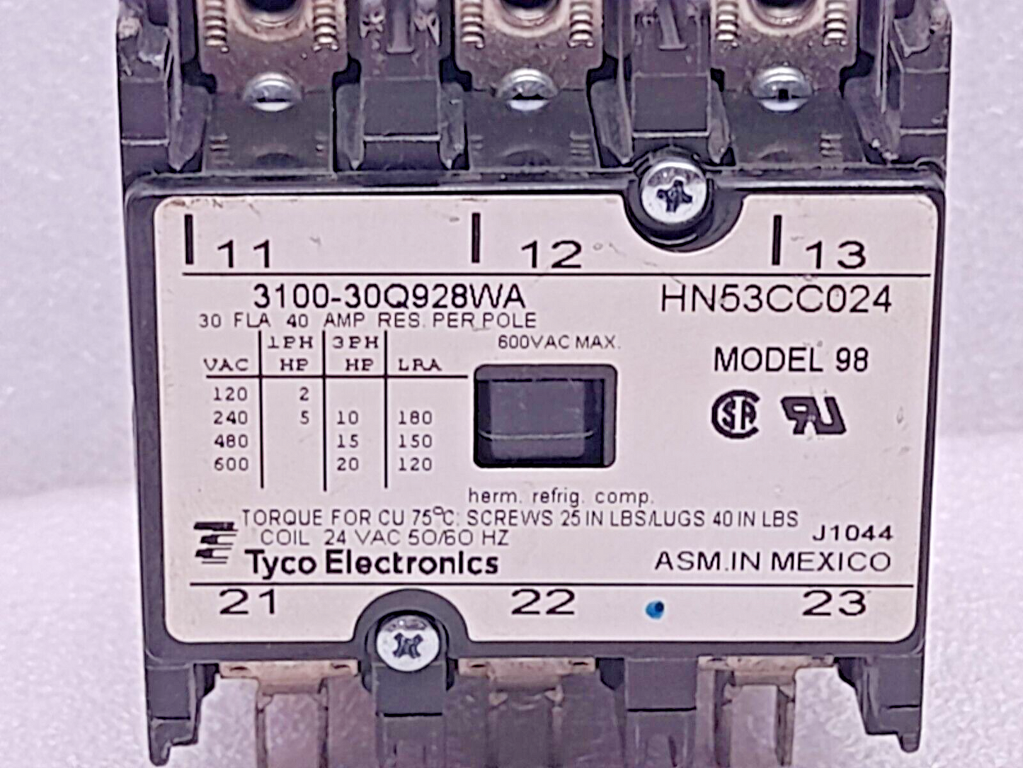 Tyco Electronics 3100-30Q928WA Contactor Model 98 30FLA 40AMP