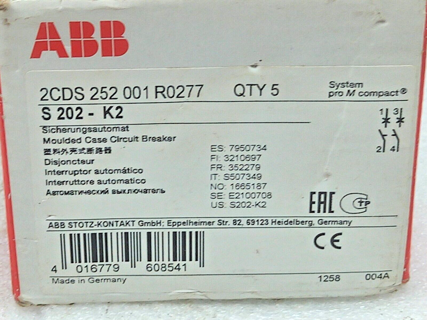 ABB S 202-K2 Moulded Case Circuit Breaker Cat.A 2CDS 252 001 R0277