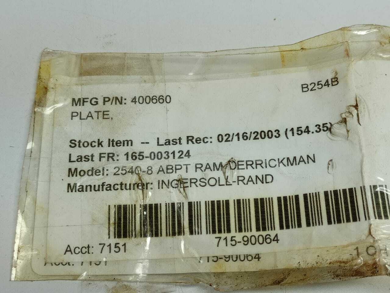 Ingersoll Rand 400660 Plate Ingersoll Rand 2540-8 ABPT RAM DERRICMEN