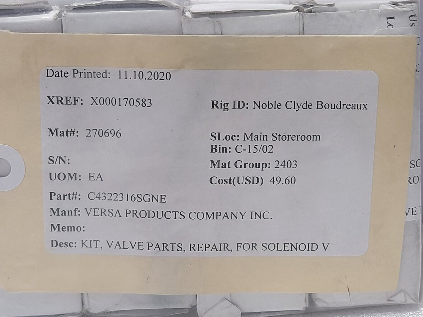 Versa C4322316SGNE Repair Valve Kit Parts for Solenoid