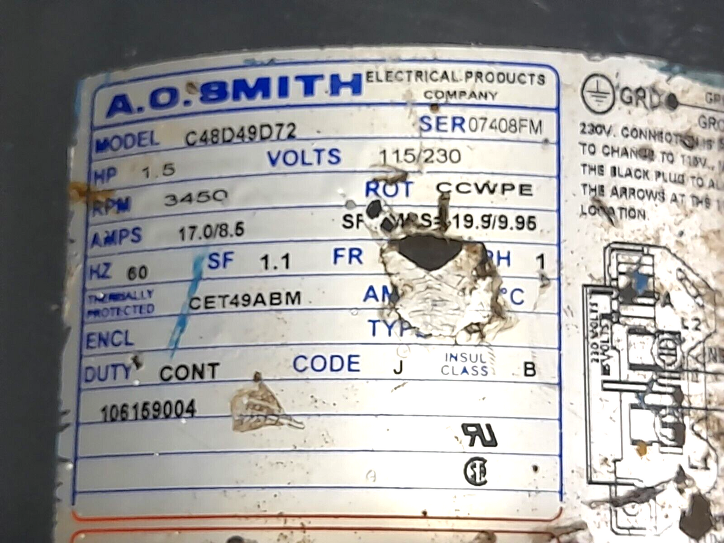 A O Smith C48D49D72 Franklin JVJ15CI Jet Pump 1.5HP 115/230V 3450RPM 17.0/8.5A 6