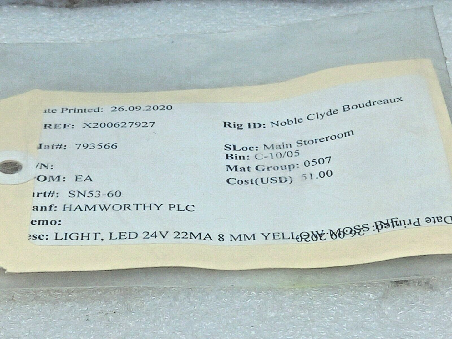 17-041352 Yellow Led Light 24VDC 22MA 8MM Hamworthy SN53-60 2PCs In Lot