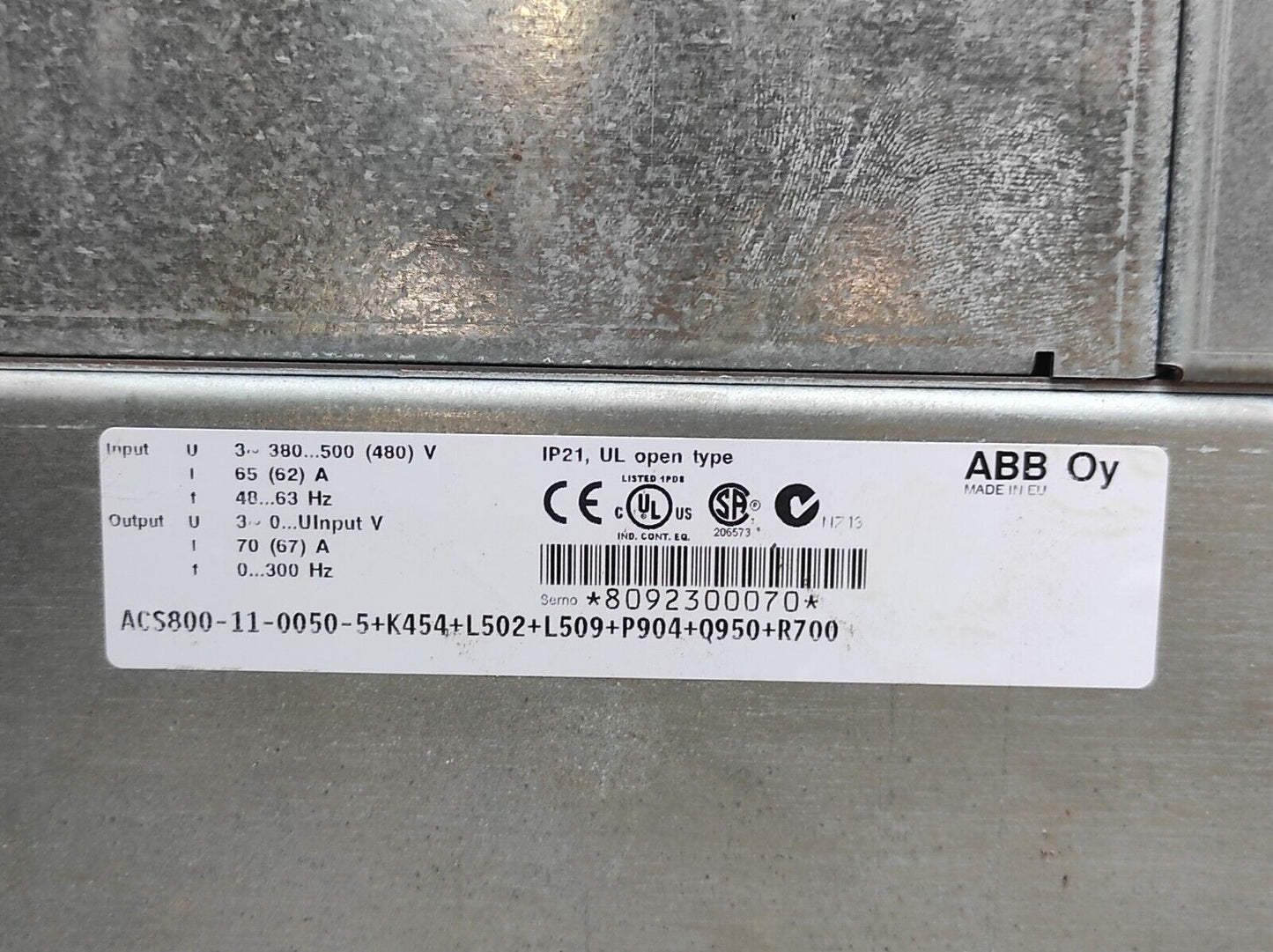 ABB ACS800-11-0050-5+K454+L502+P904+Q950+R700 Drive UL Open Type Input