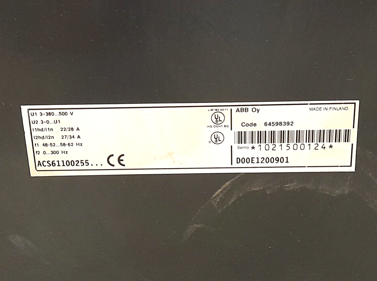 ABB ACS600 ACS61100255 D00E1200901 AC Drive ACS61100255D00E1200901 Code 64598392
