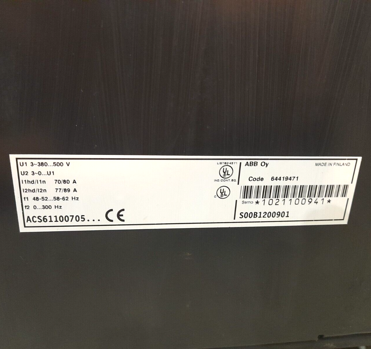 ABB ACS600 ACS61100705S00B1200901 AC Drive Code 64419471 ACS61100705 S00B1200901