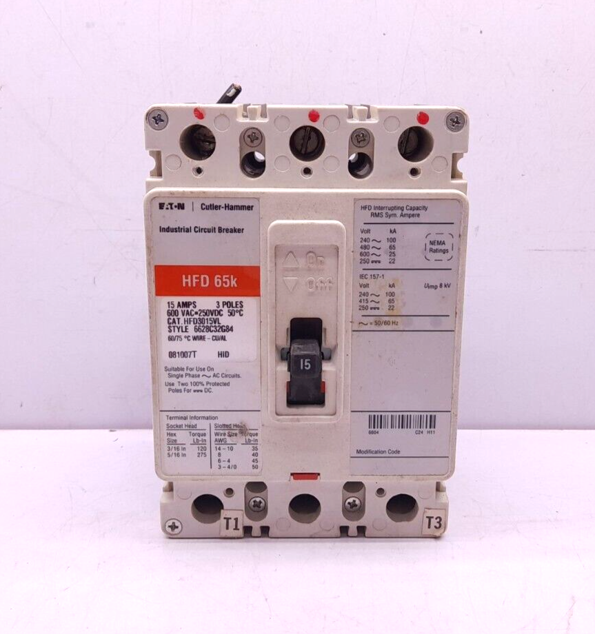 Eaton Cutler Hammer HFD3015VL Circuit Breaker 15a 3P HFD 65k S N Marine