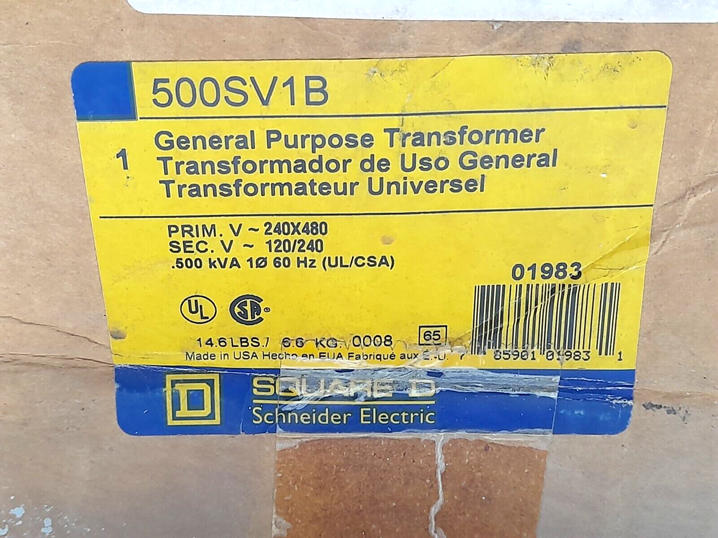 Square D 500SV1B General Purpose Transformer Pri 240x480V Sec 120-240V .500kVA