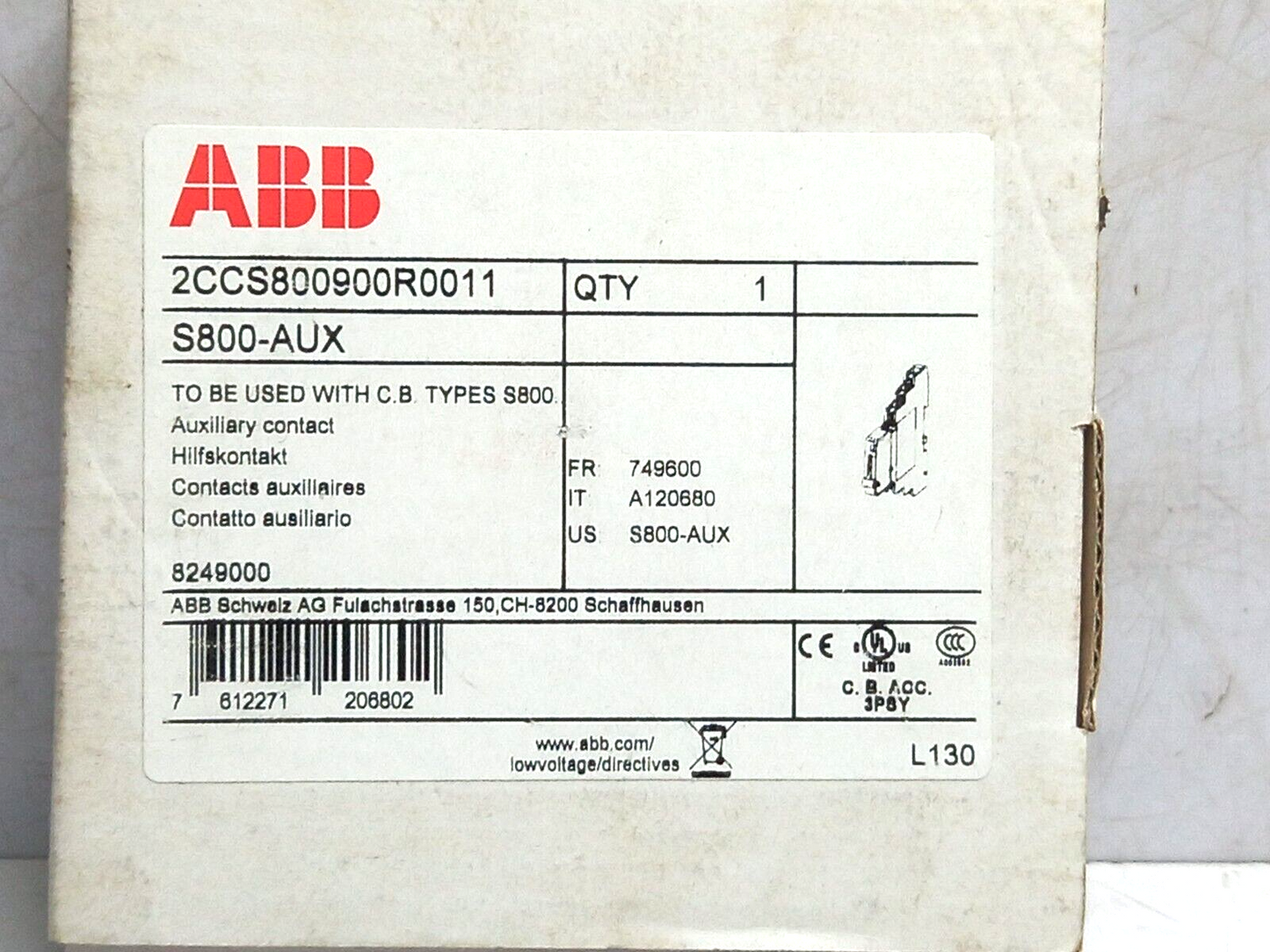 ABB 2CCS800900R0011 Auxiliary Contact S800-AUX To Be Used With C.B. Types S800