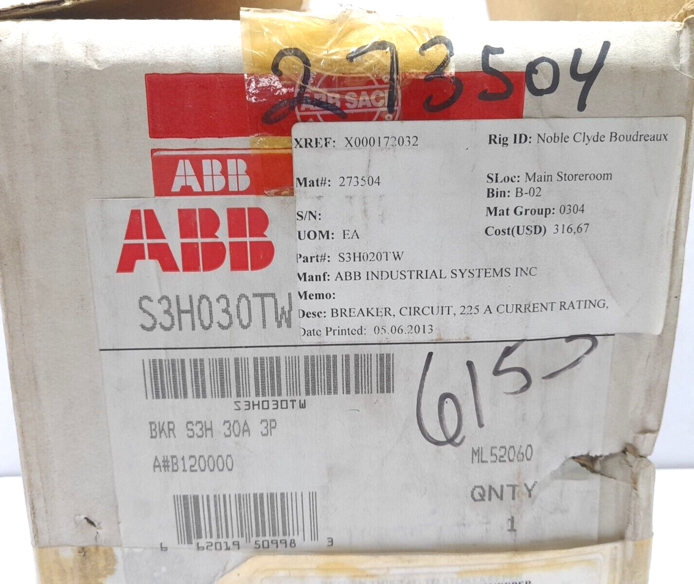 ABB SACE S3 S3H030TH Circuit Breaker S3H 30A BKR S3H 30A 3P