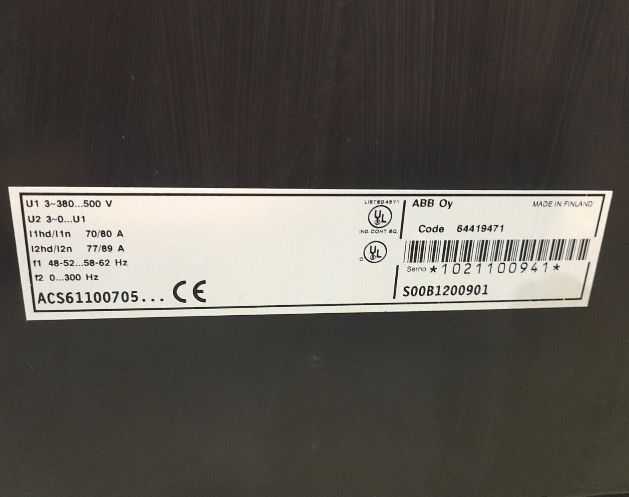 ABB ACS600 ACS61100705 S00B1200901 AC Drive ACS61100705S00B1200901 Code 64419471