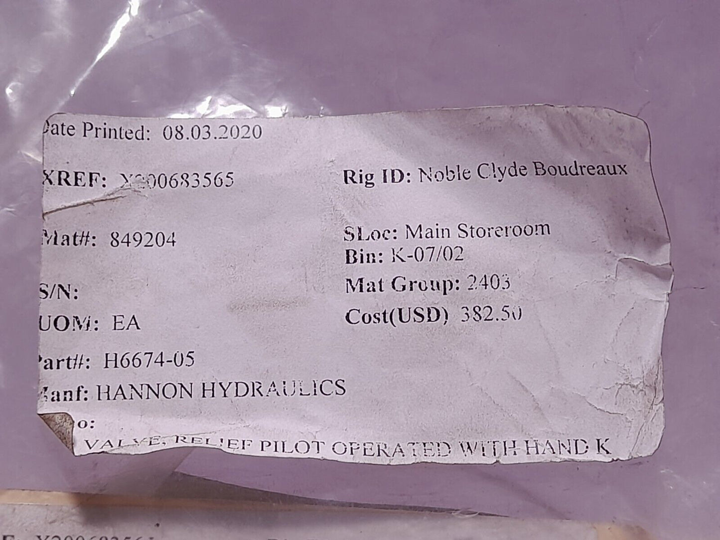 Sun Hydraulics RPGC-OAN Relief Valve Cartridge RPGCOAN Hannon H6674-05