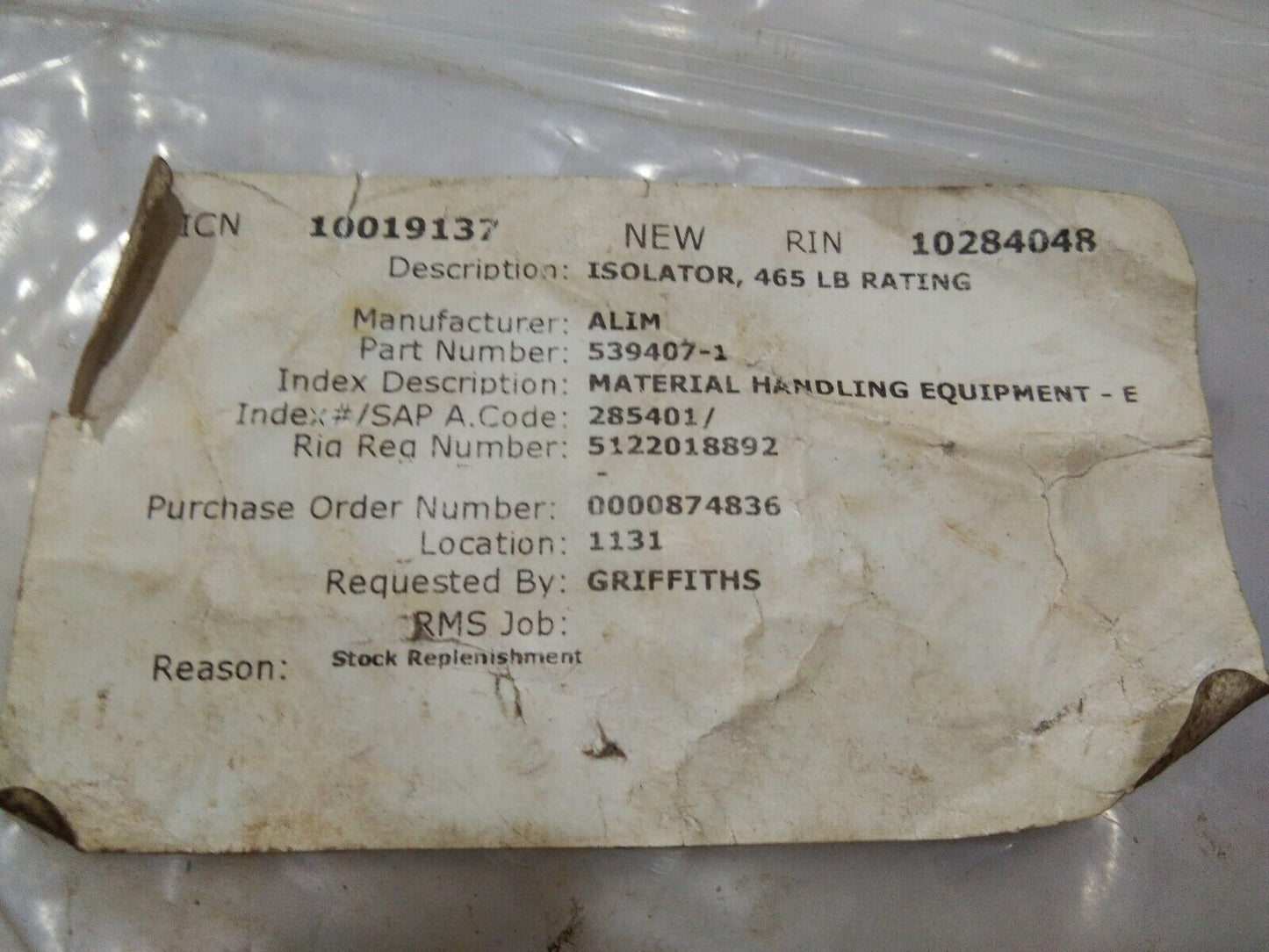 TECH PRODUCTS 52011-55 ISOLATOR 465 LB 539407-1 5201155