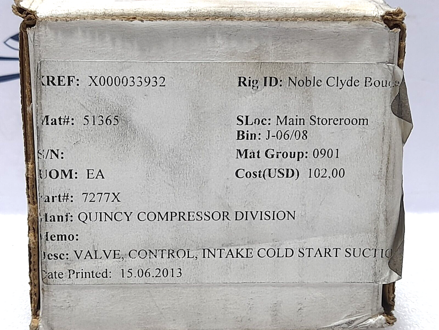 Quincy 7277X AY Valve Suction Control Valve Intake Cold Start Suction