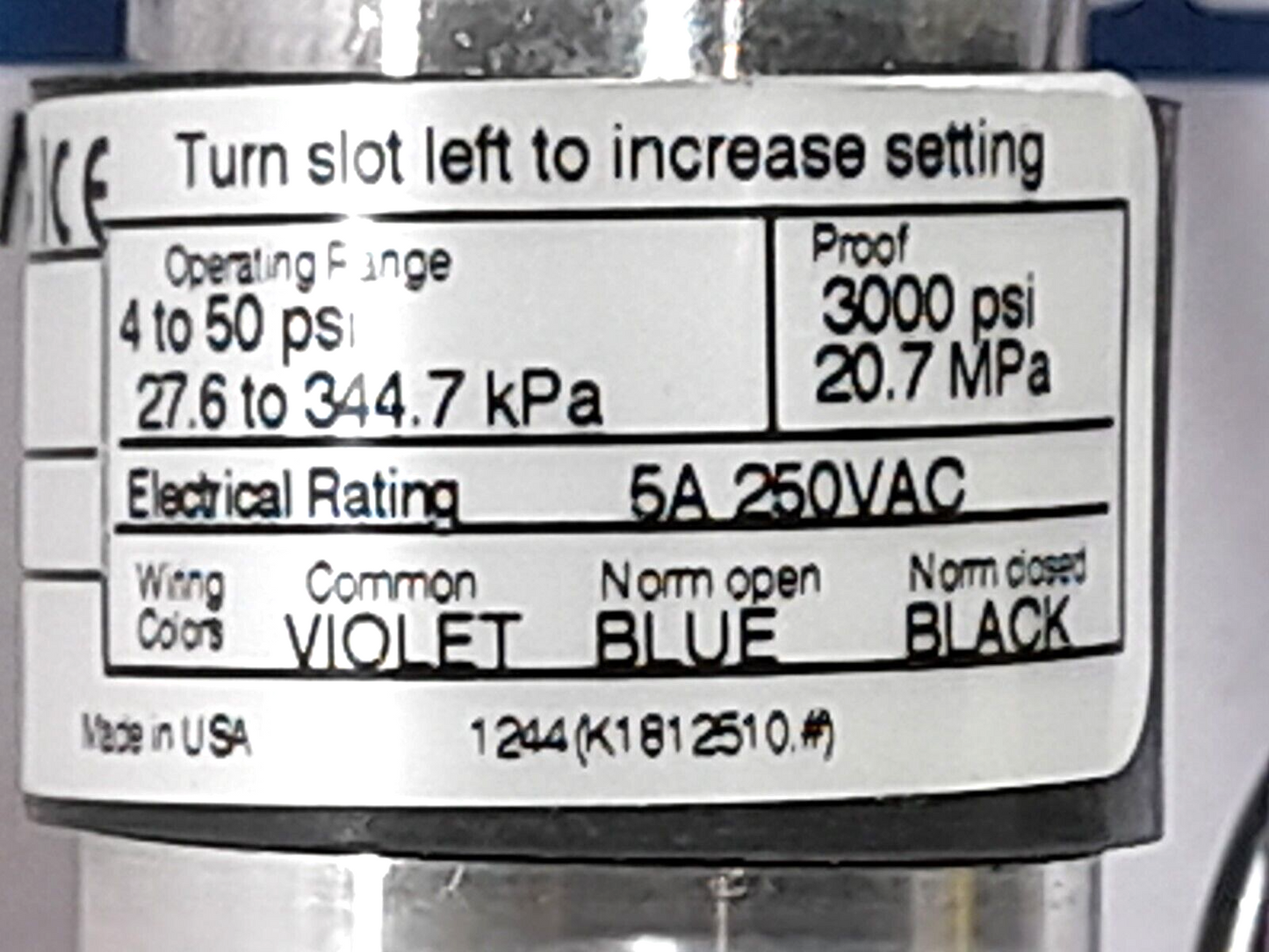 United Electric UE 10-14895 Pressure Switch Oper. Range 4 To 50 PSI Proof 3000 P