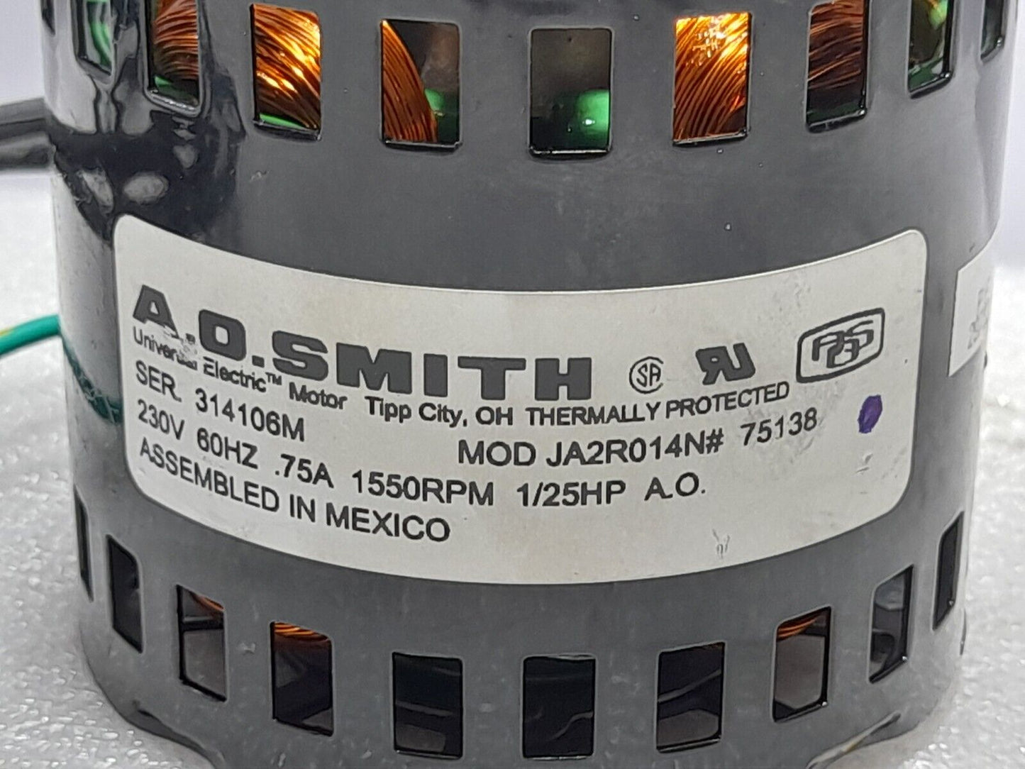A O Smith JA2R014N# 75138 Electric Servo Motor 230V 60Hz .75A 1550RPM 1/25HP