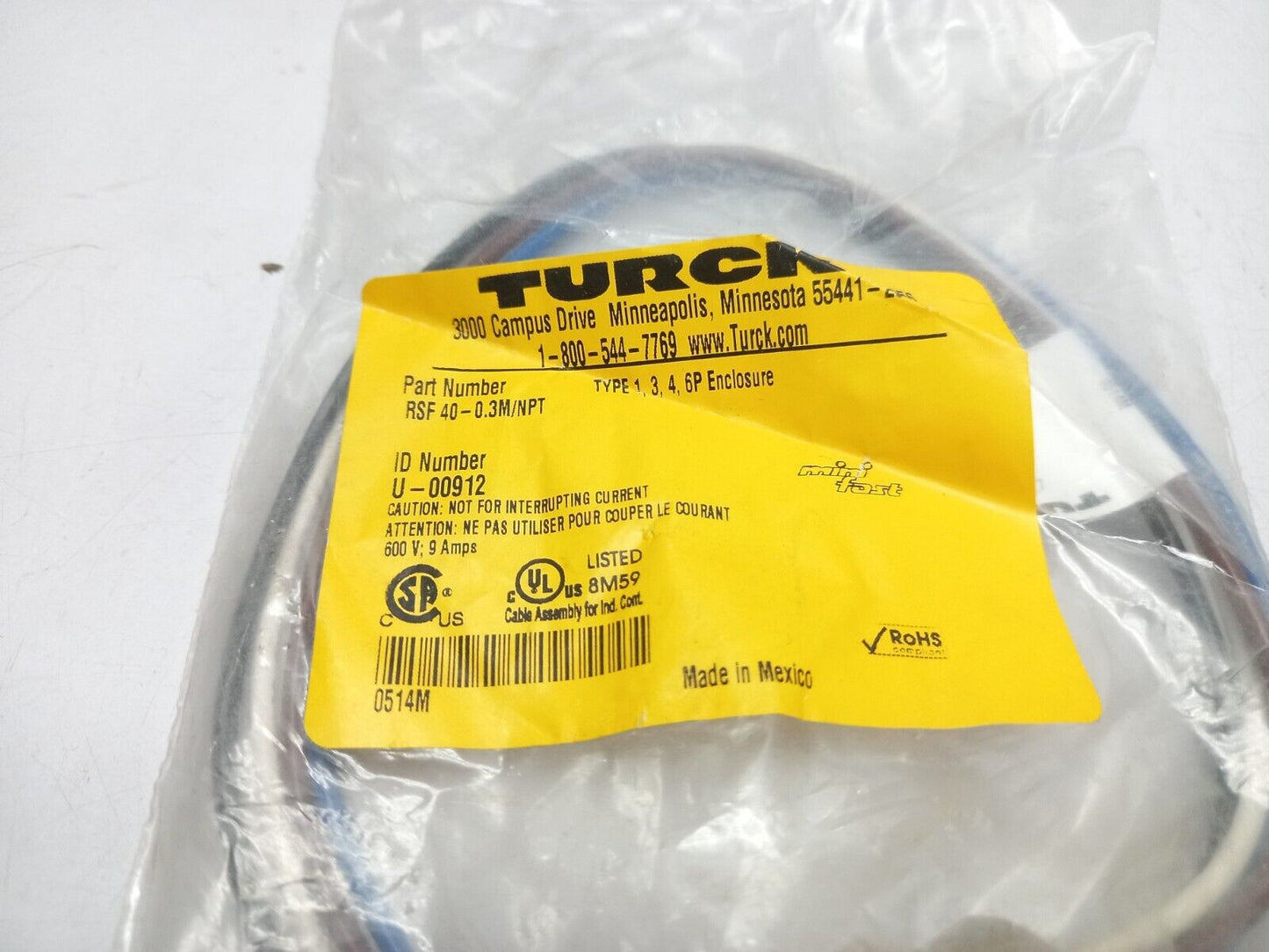 Turck RSF 40-0.3M/NPT Connector Receptacle U-00912 600V 9Amps