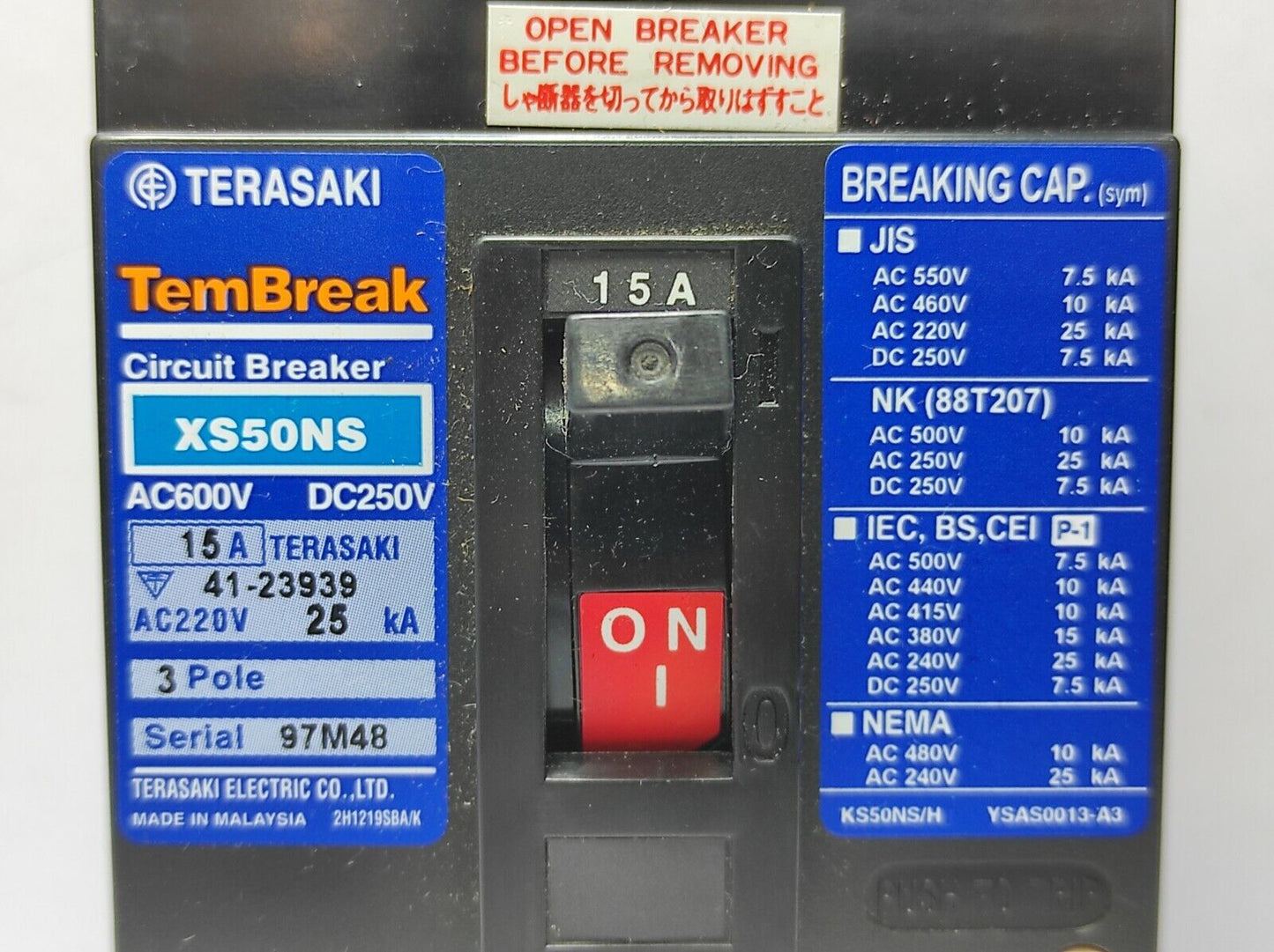 Terasaki XS50NSp TemBreak Ciruit Breaker 3P 15A PM Special Spec. K / XS50NS