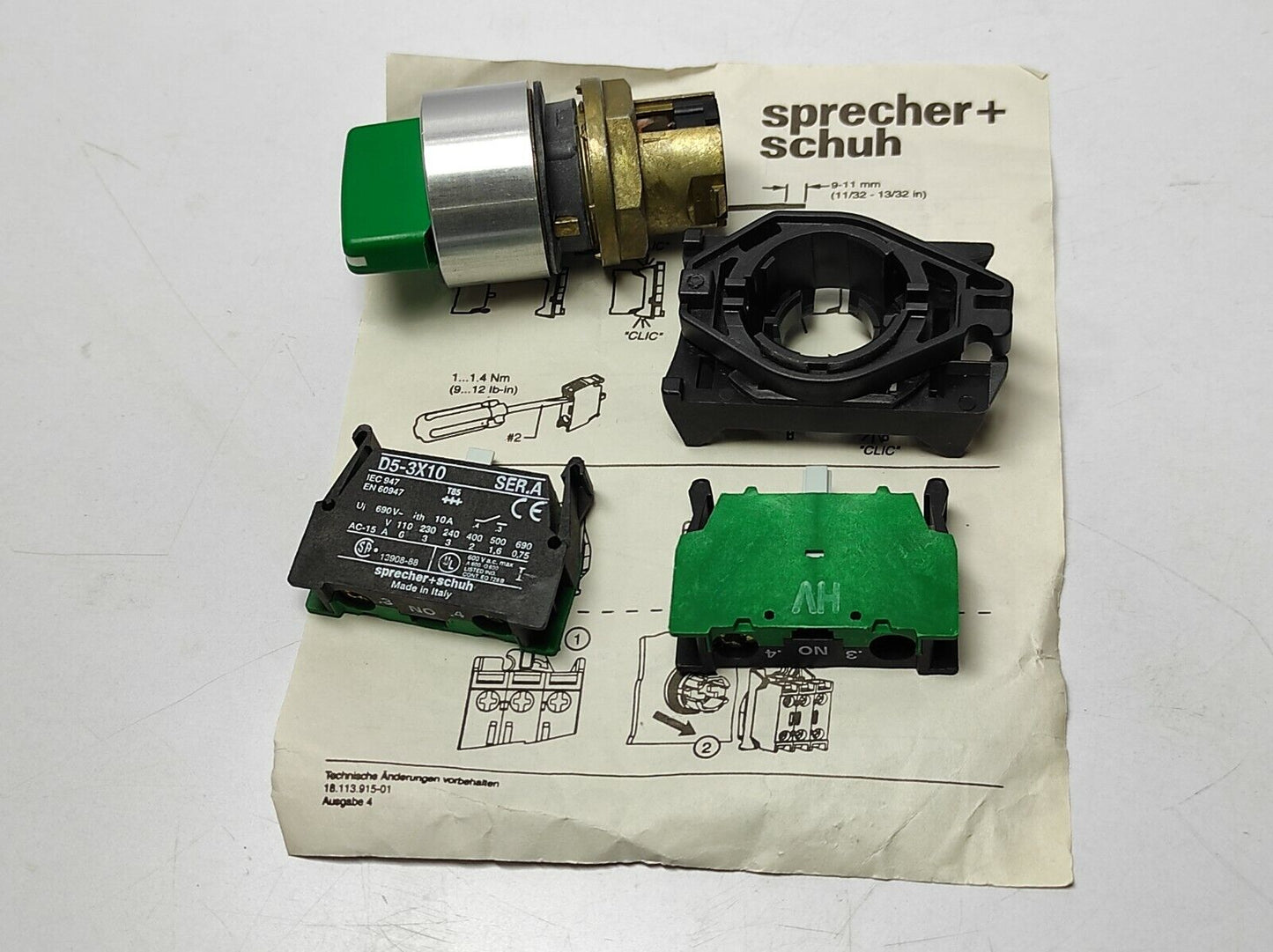 Sprecher Schuh D5M-SB333LX20 Green Selector Switch Pilot Device 3pos Stand