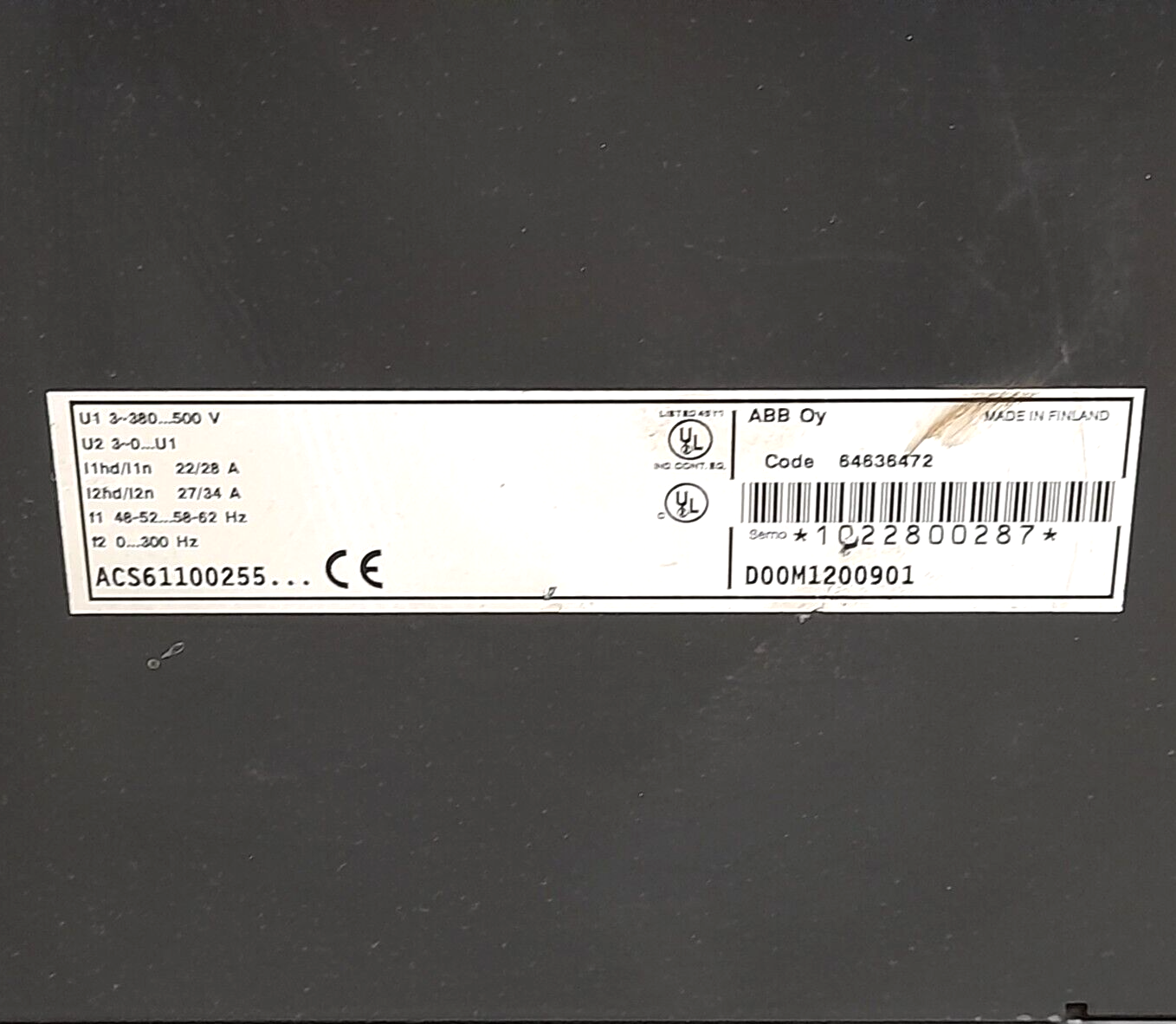 ABB ACS600 ACS61100255D00M1200901 AC Drive Code 64636472 ACS61100255 D00M1200901