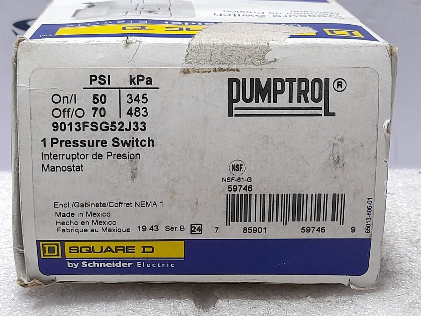 Square D Pumptrol 9013FSG52J33 Pressure Switch On 50 PSI Off 70 PSI