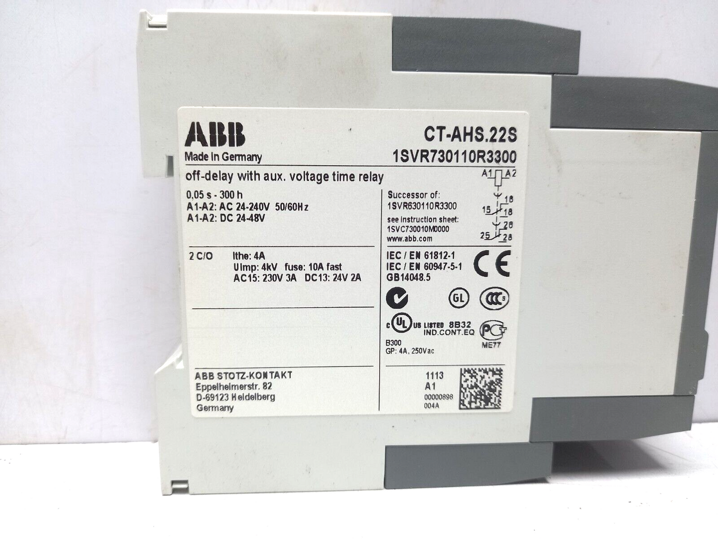 ABB CT-AHS.22S Off Delay With Auxiliary Voltage Time Relay 1SVR730110R3300 CTAHS