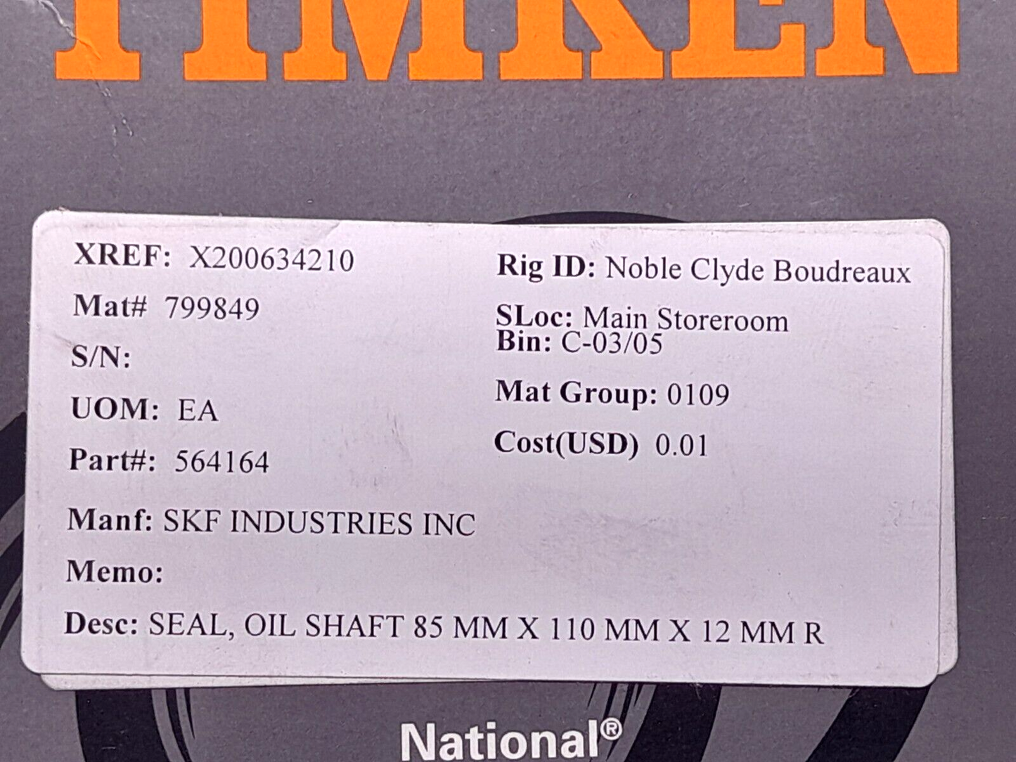 Timken 85X110X12 Seal 100117105 SKF 564164