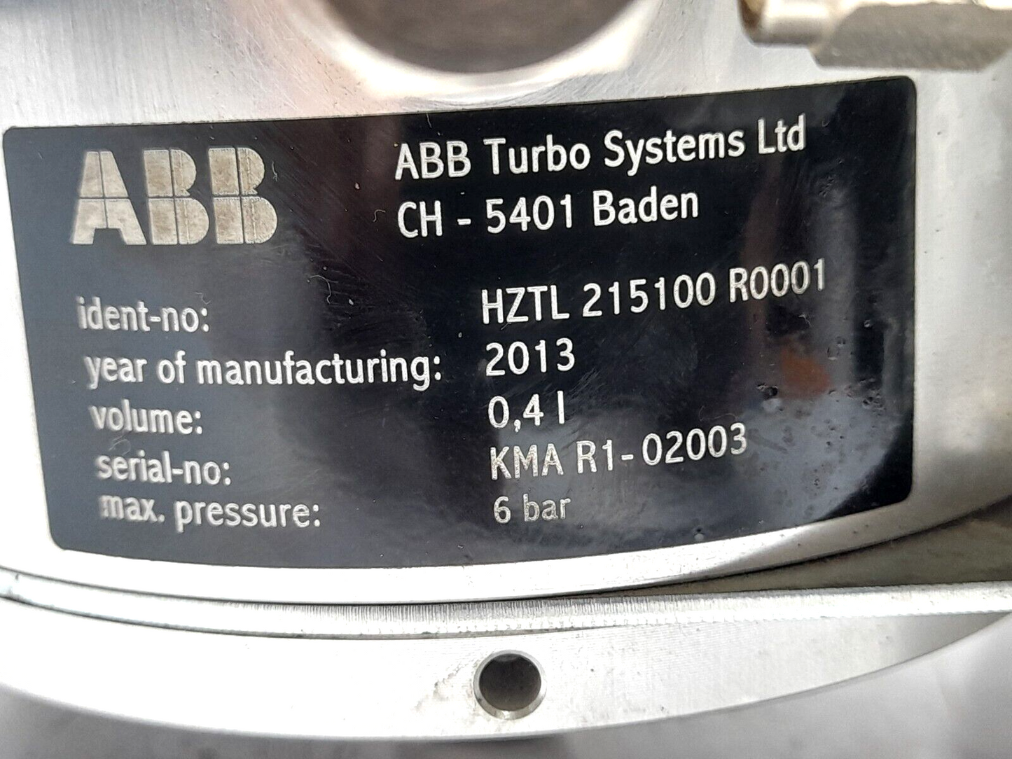 ABB HZTL 215100 R0001 Turbocharger Dosing Vessel With Plug Volume 0.41 Max Press