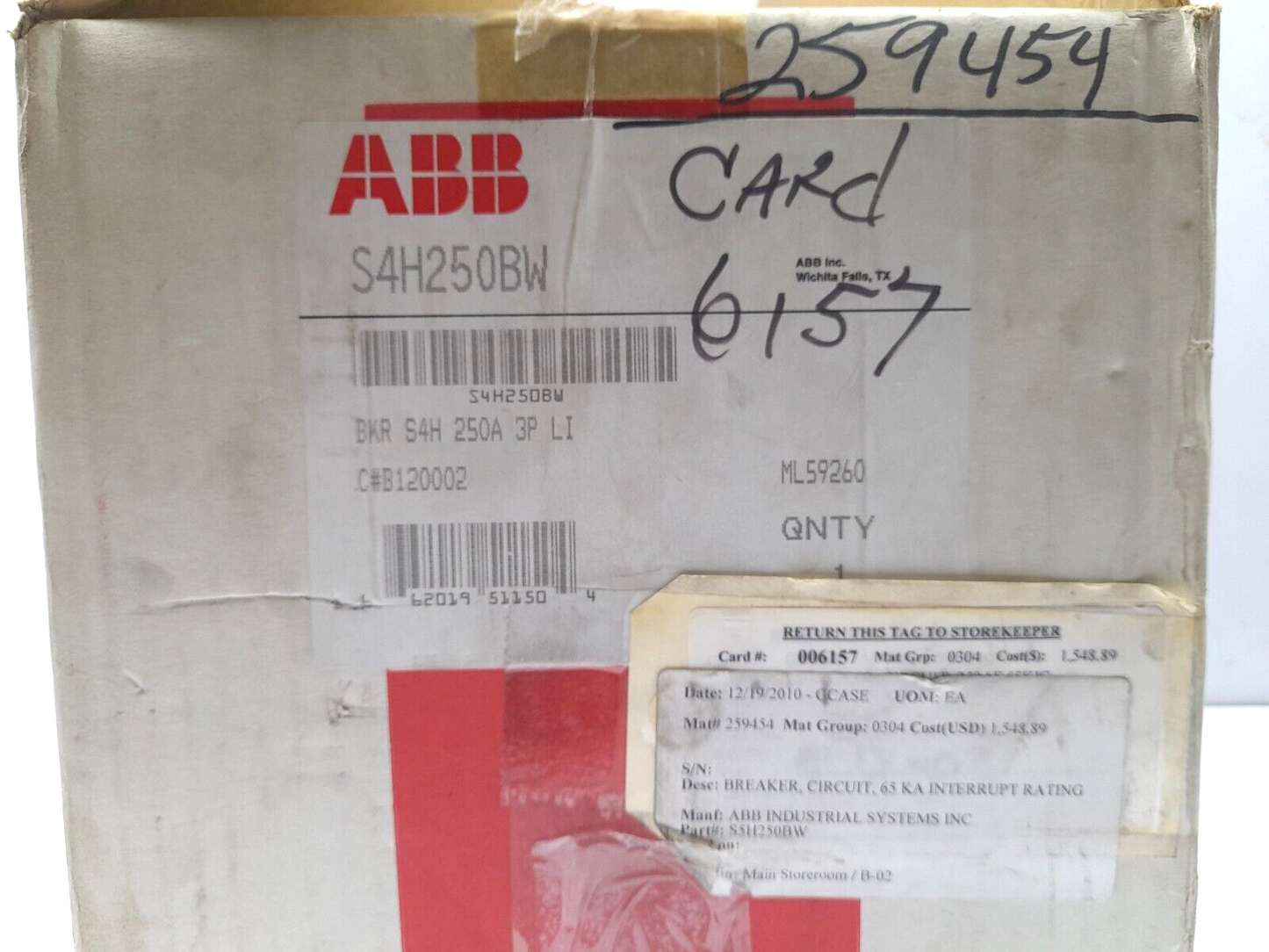 ABB SACE S4 S4H250BW Circuit Breaker S4H In = 250A SACE PR211