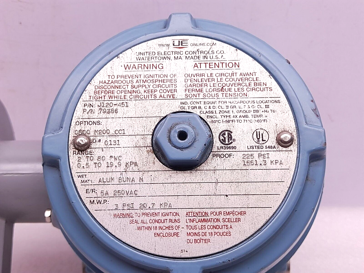 United Electric J120-451 79386 Pressure Switch Range 2 To 80” WC 0.5 To 19.9 kPa