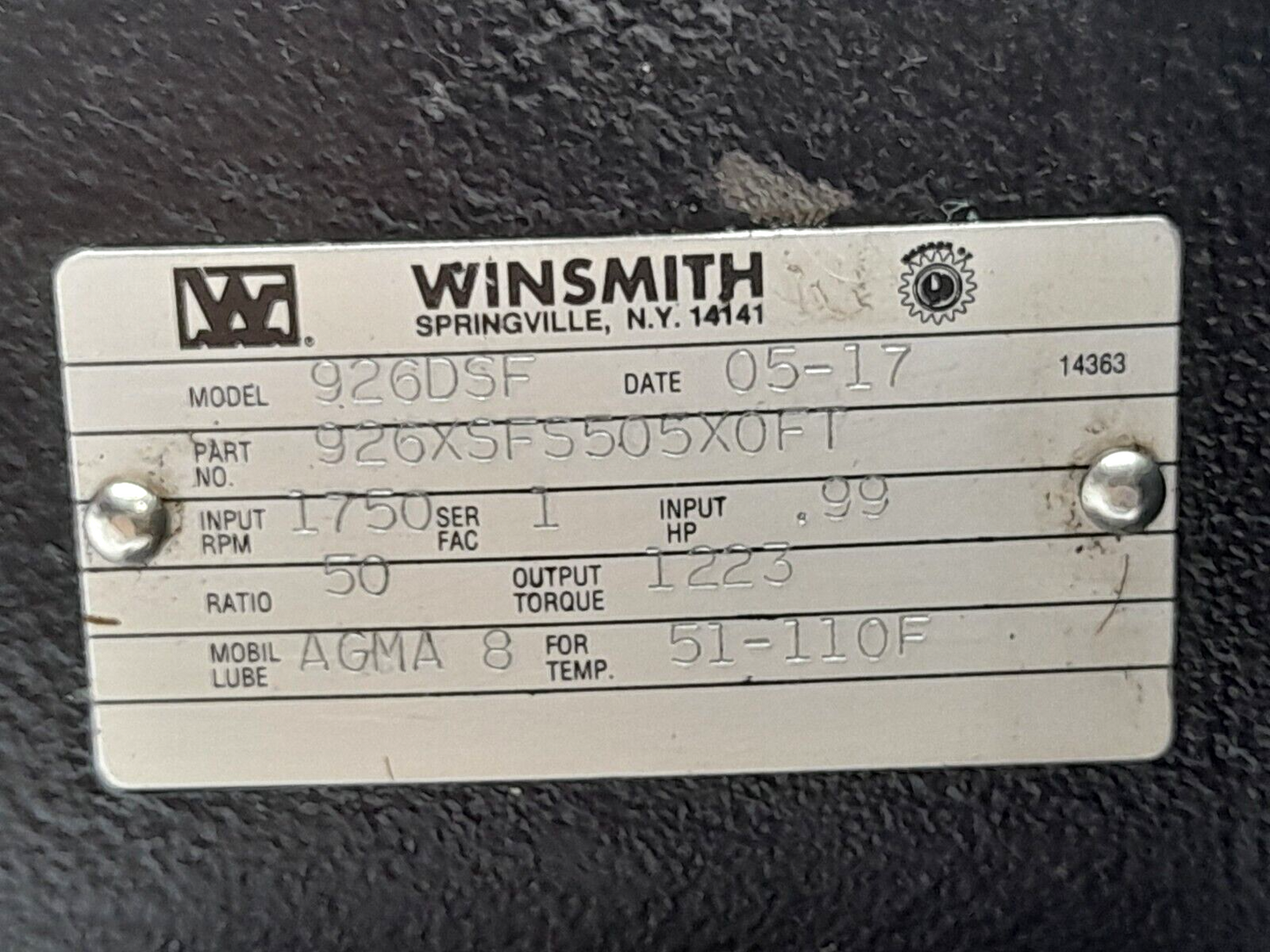 Winsmith 926DSF Gearbox Speed Reducer 926XSFS505X0FT