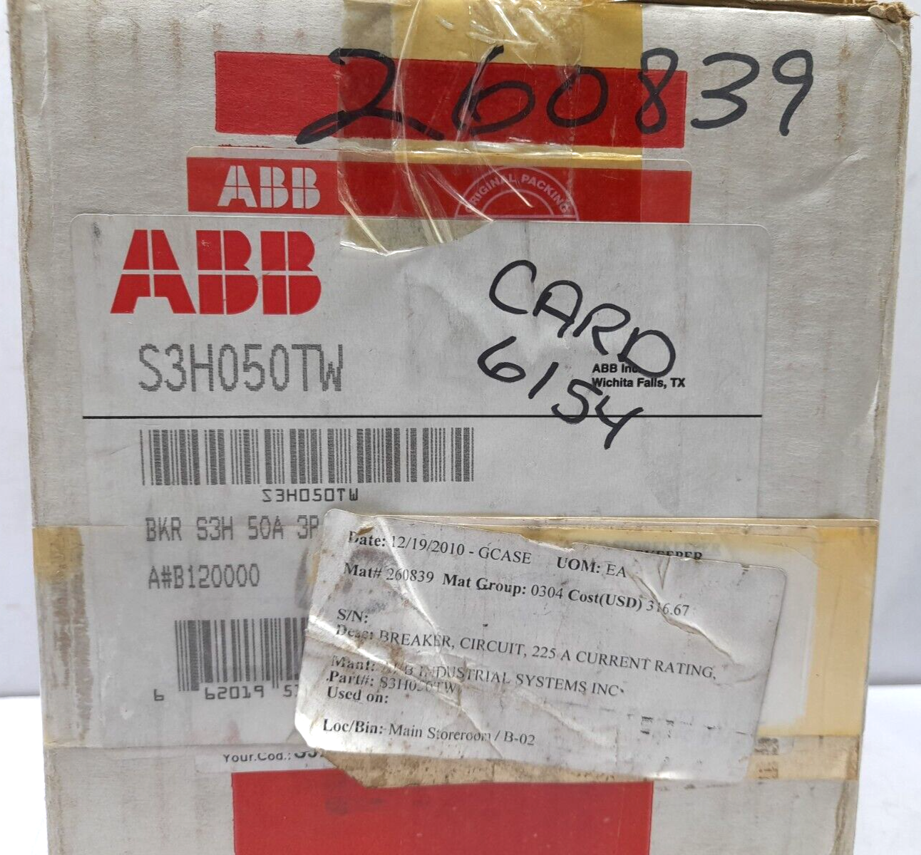 ABB SACE S3 S3H050TW Circuit Breaker S3H 50A BKR S3H 50A 3P