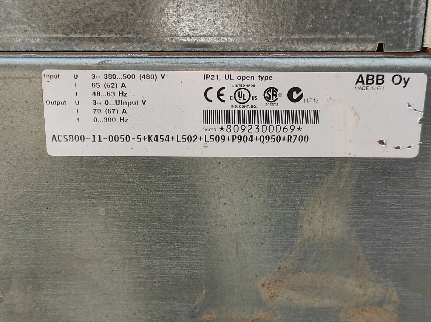 ABB ACS800-11-0050-5+K454+L502+P904+Q950+R700 Drive UL Open Type Input