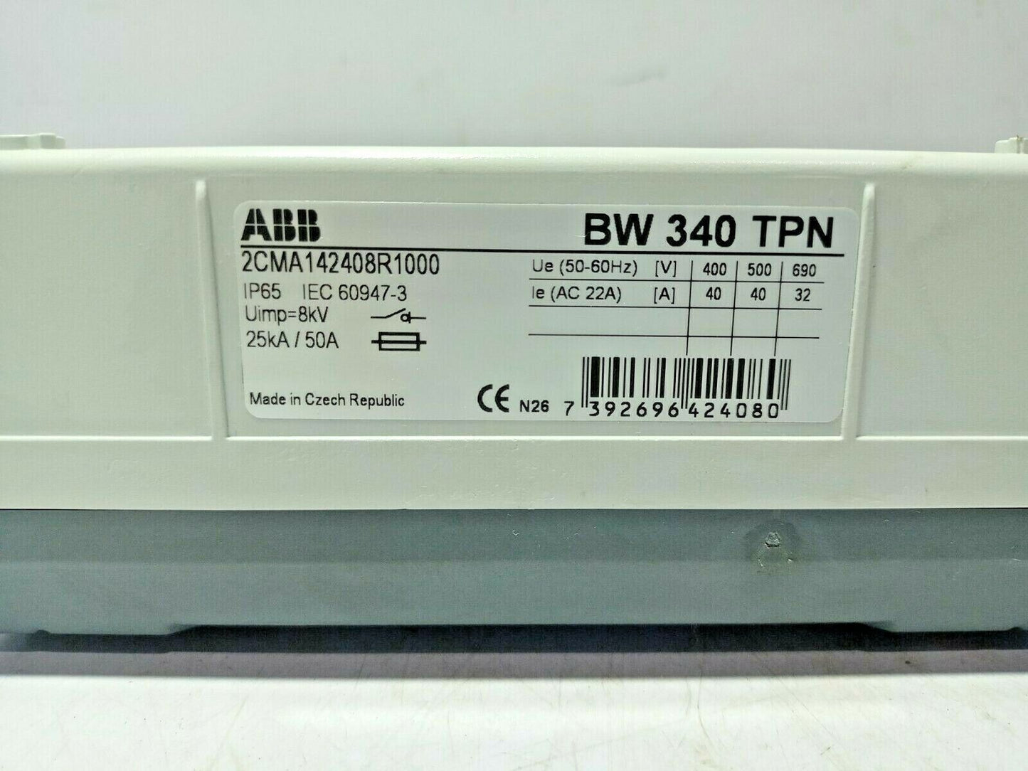 ABB 2CMA142408R1000 Enclosed Switch Disconnector BW 340 TPN Uimp 8kV 25kA/50A