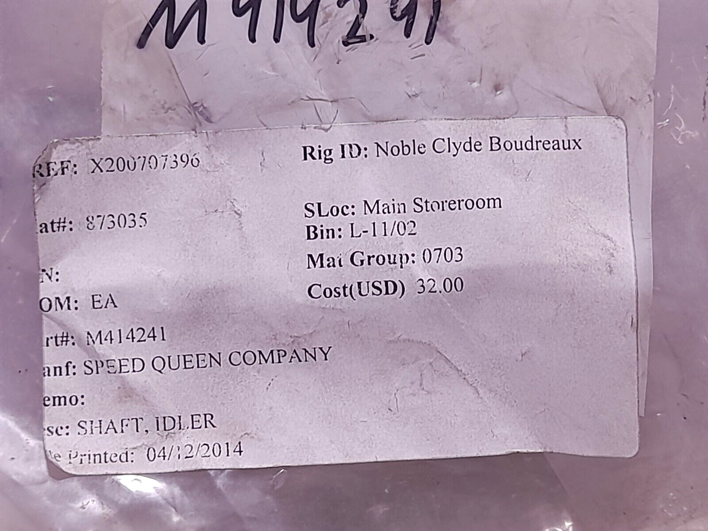 Speed Queen M414241 Idler Shaft