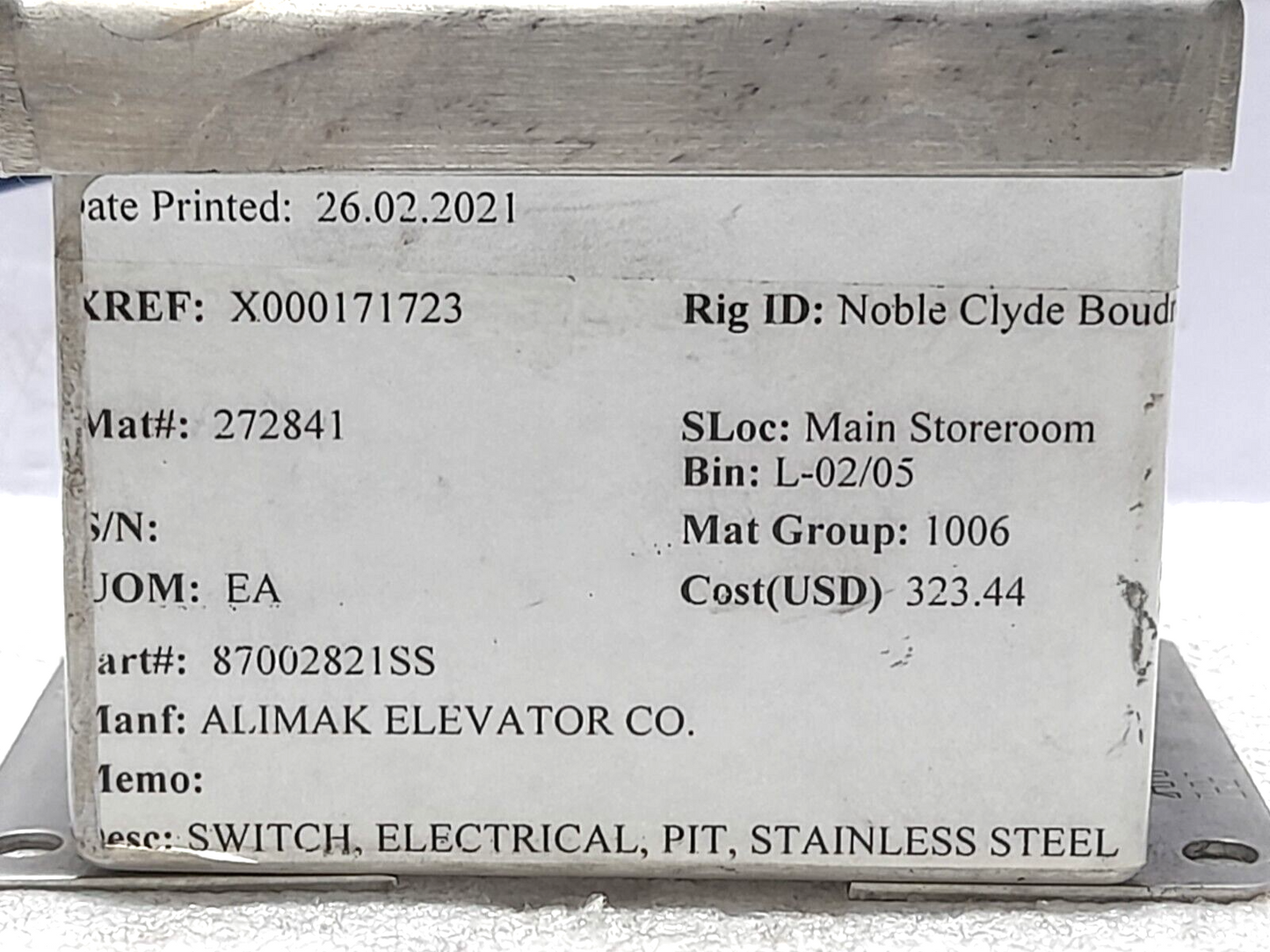 Alimak Elevator 8700282-1SS Electrical Switch PIT Stainless Steel 87002821SS