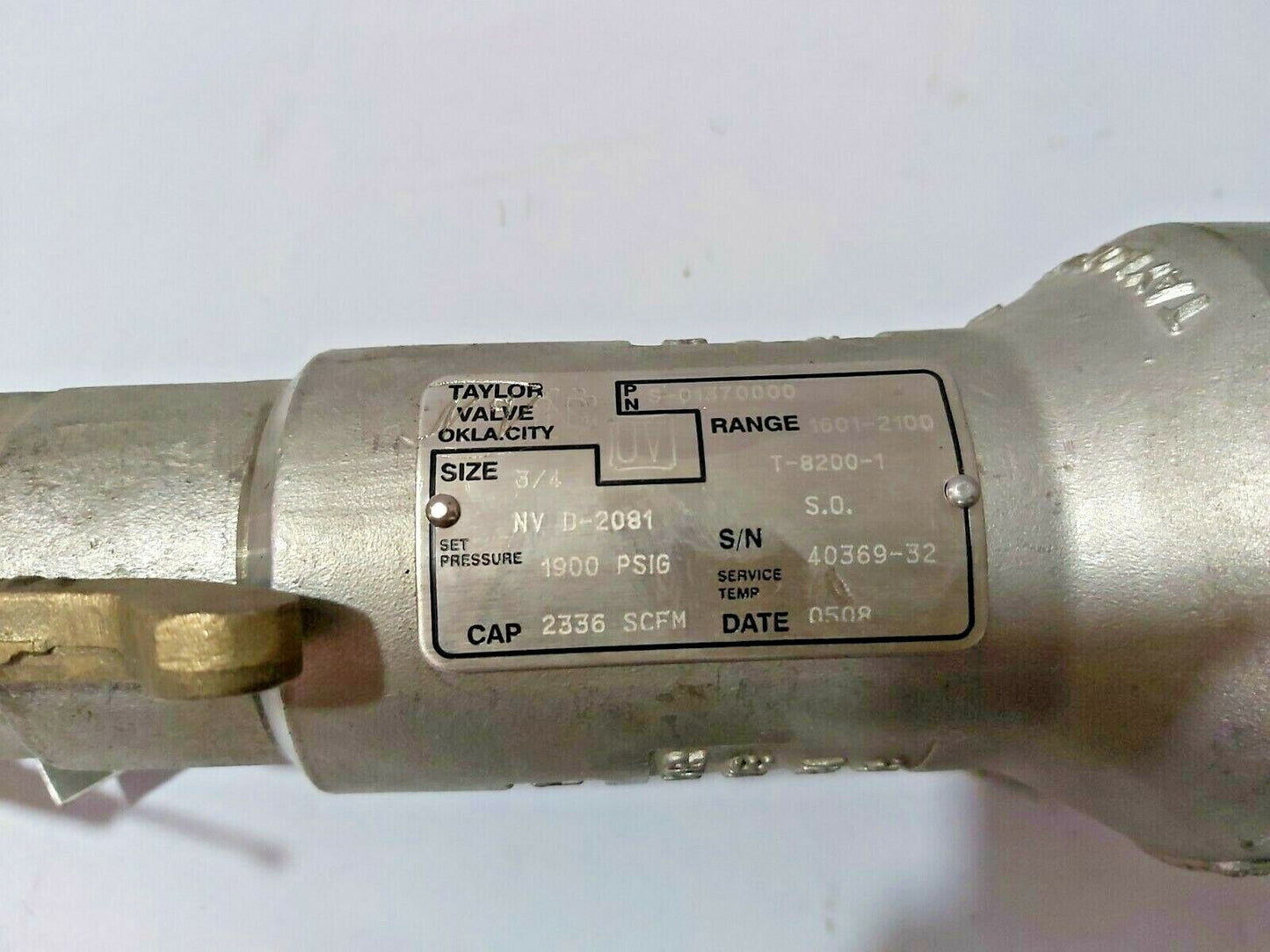 TAYLOR VALVE S-01370000 SAFETY RELIEF VALVE 1900 PSI 3/4"