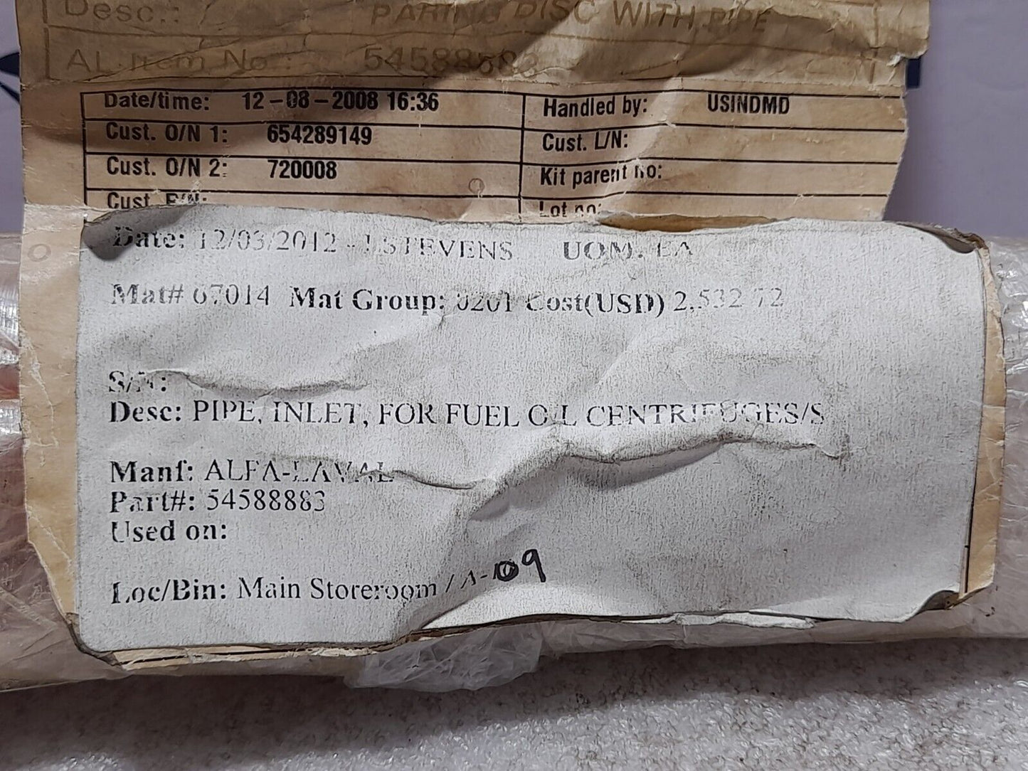 Alfa Laval 54588883 Inlet Pipe For Fuel Oil Centrifuges 545888-83