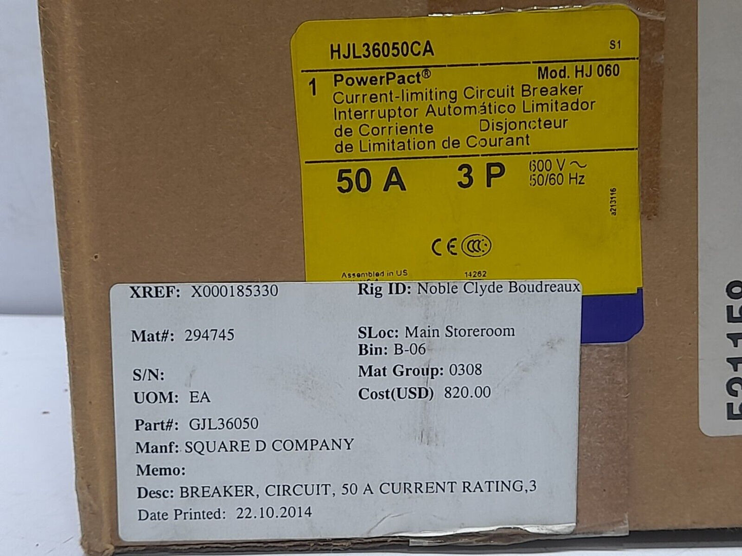 Square D HJL36050CA PowerPact Current Limiting Circuit Breaker Mod. HJ 060 50A