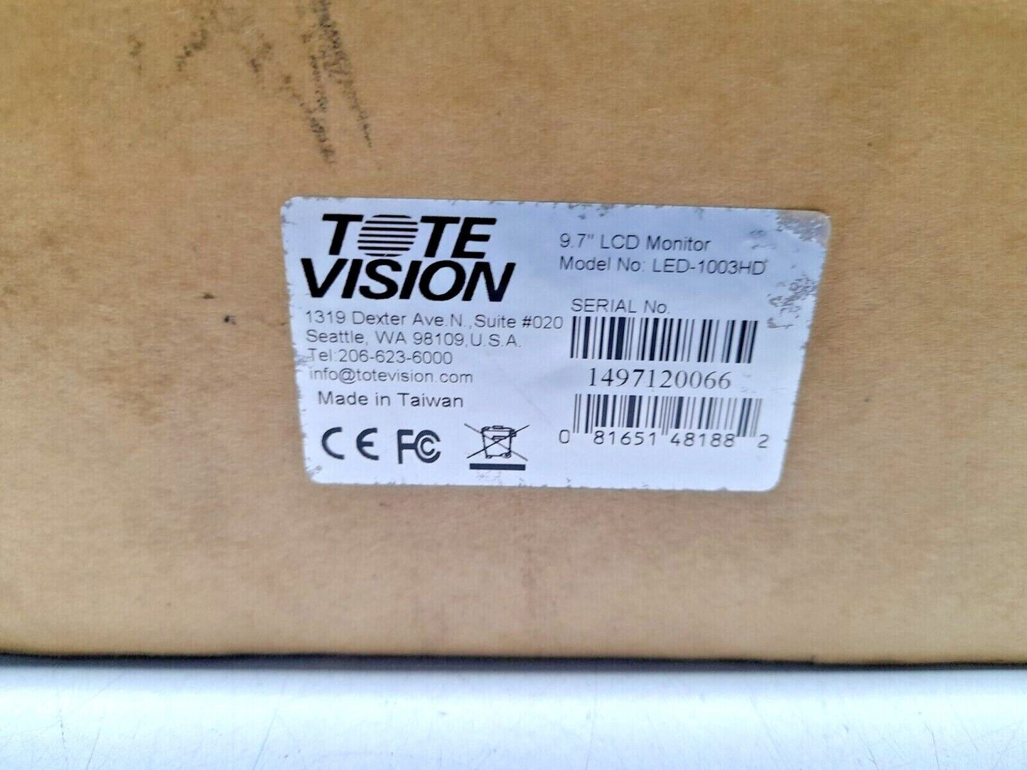 Tote Vision LED-1003HD 9.7” LCD Monitor Input 12VDC 3.0A