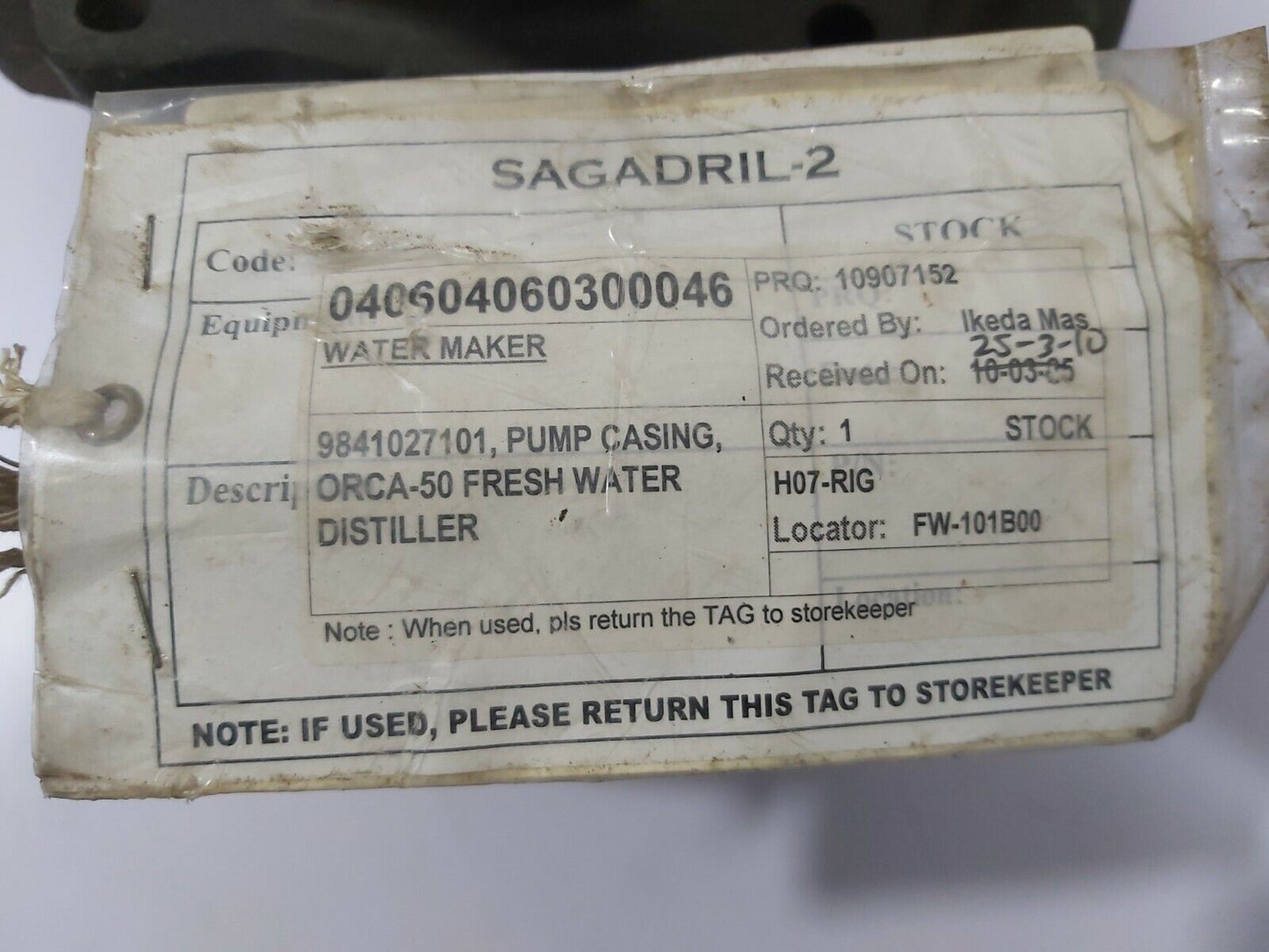 ALFA LAVAL ORCA-50 Fresh Water Distiller Pump Casing 9841027101