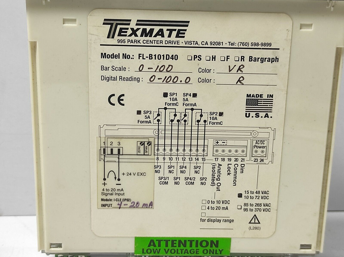 Texmate FL-B101D40 Bargraph FLB101D40 Bar Scale 0-100 Color VR Digital Reading