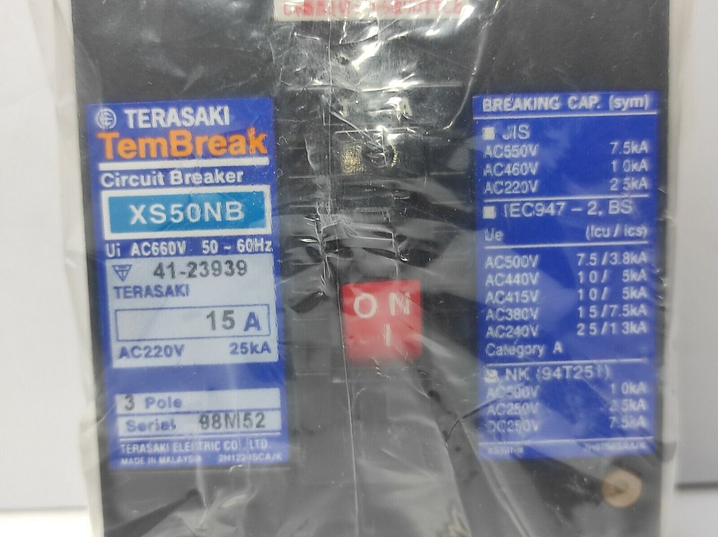 Terasaki XS50NB 3P 15A PM TemBreak Circuit Breaker 41-23939 AC220V 25kA Ui AC660
