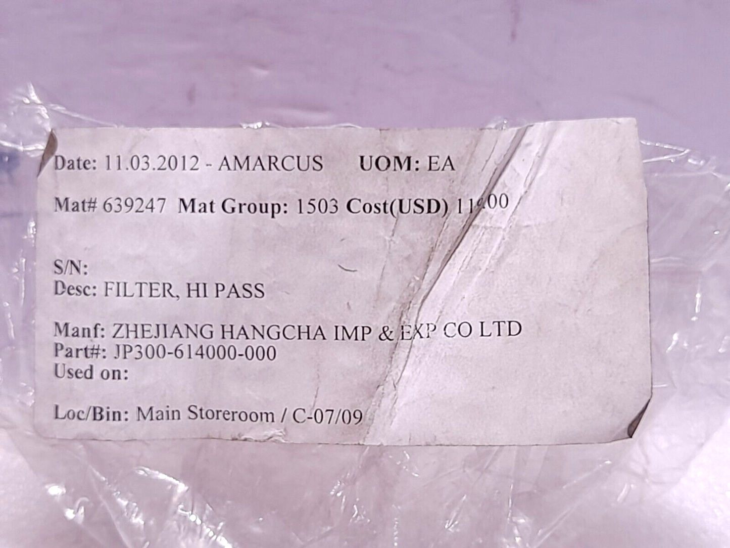 Zhejiang Hangcha JP300-614000-000 Hi Pass Filter